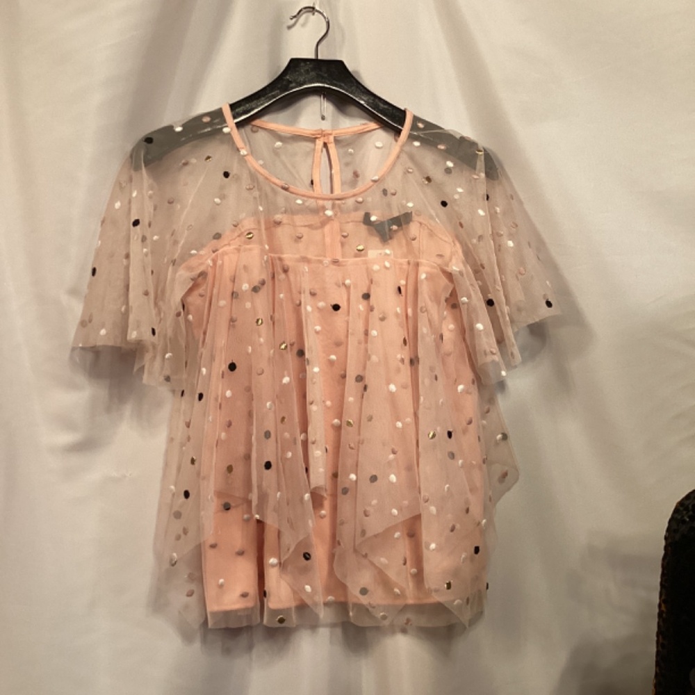Eva Franco Anthropologie peach apricot mesh layered Polka Dot Top short sleeve - Picture 5 of 8